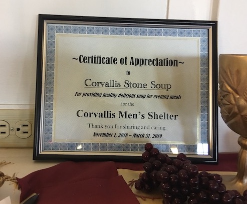 Certificate of Appreciation from the Corvallis Men's Shelter
